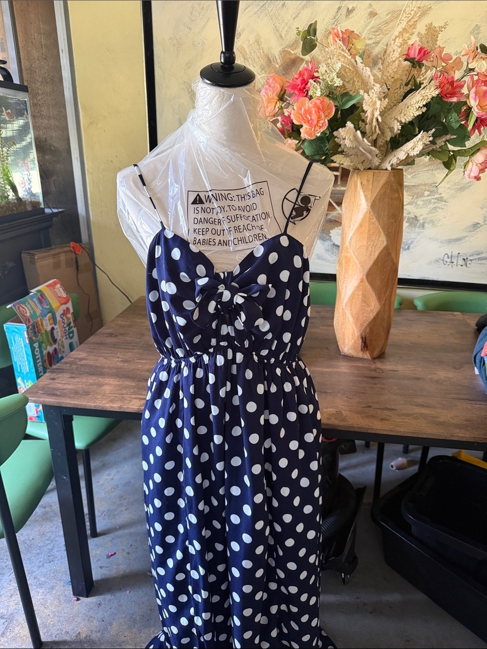 Polka Dot Navy Maxi Dress with Front Knot